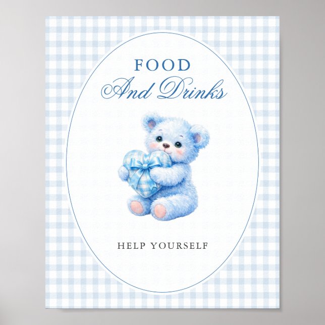 BLUE GINGHAM TEDDY BEAR NEUTRAL BABY SHOWER POSTER (Front)