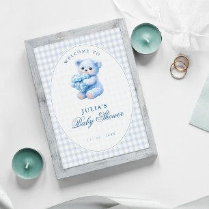 Blue Gingham Teddy Bear Neutral Baby Shower Poster