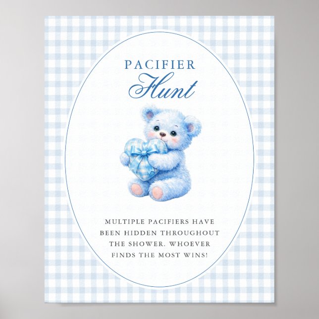 Blue Gingham Teddy Bear Neutral Baby Shower Poster (Front)
