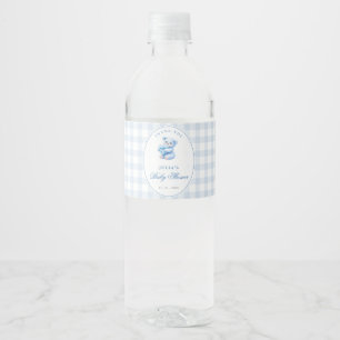 Blue Gingham Teddy Bear Neutral Baby Shower Water Bottle Label