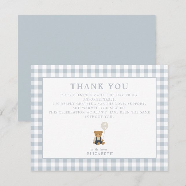  Blue Gingham Teddy Bear thank you card (Front/Back)