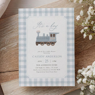 Blue Gingham Train Baby Shower Invitation