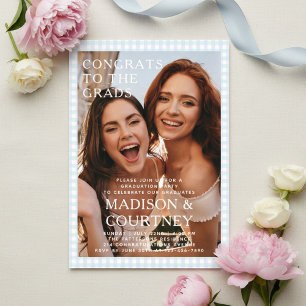 Blue Gingham Two Grads Photo Graduation Party Acrylic Invitations