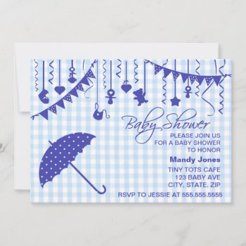 Blue Gingham Umbrella Baby Shower Invitations by PeachyPrints at Zazzle