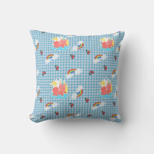 Blue Gingham Unicorns and Cherries Throw Pillow