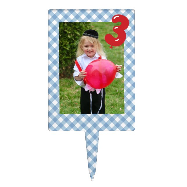 Blue Gingham Upsherin Boy with Red 3 Balloon Cake  Cake Topper (Front)