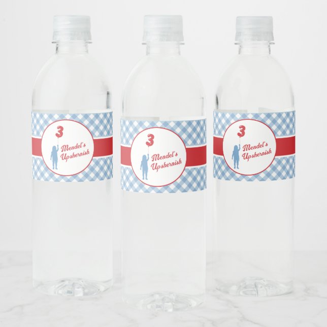 Blue Gingham Upsherin Paper Plates Water Bottle Label (Bottles)