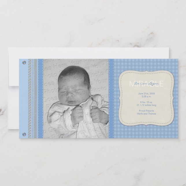 Blue Gingham Vintage Birth Announcement (Front)