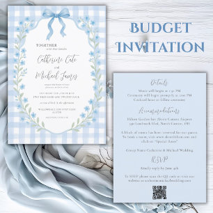 Blue Gingham Vintage Floral Budget Wedding Invitation