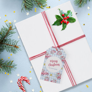 Blue Gingham Vintage Red Christmas Cars Gift Tags