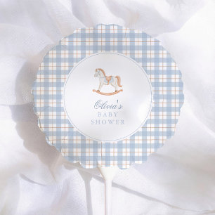Blue Gingham Vintage Rocking Horse Baby Shower Balloon