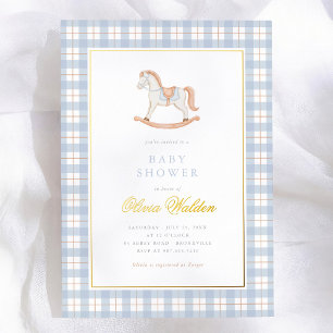 Blue Gingham Vintage Rocking Horse Baby Shower Foil Invitation