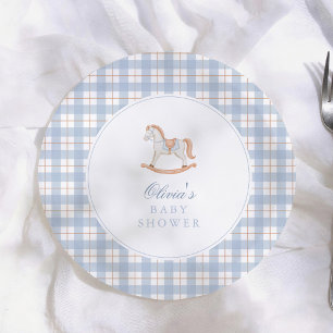Blue Gingham Vintage Rocking Horse Baby Shower Paper Plates