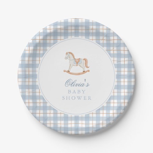 Blue Gingham Vintage Rocking Horse Baby Shower Paper Plates
