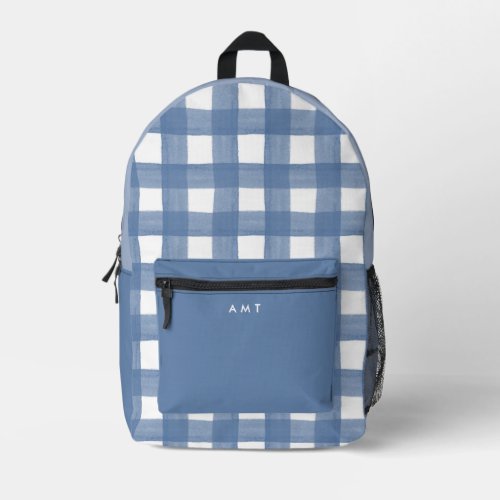 Blue Gingham Watercolor Personalized Name Initials Printed Backpack