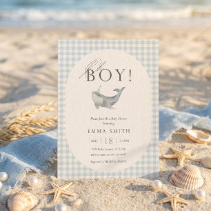 Blue Gingham Watercolor Whale Oh Boy Baby Shower Invitation