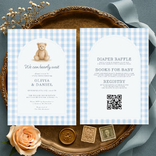 Blue Gingham We Can Bearly Wait All in One Invitation