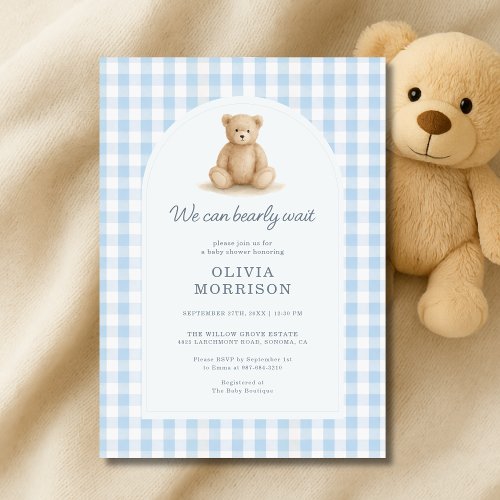 We Can Bearly Wait Blue Gingham or plaid baby shower invitation
