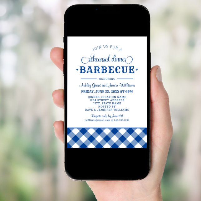 Blue Gingham Wedding Rehearsal Dinner Barbecue Invitation (Front Digital)