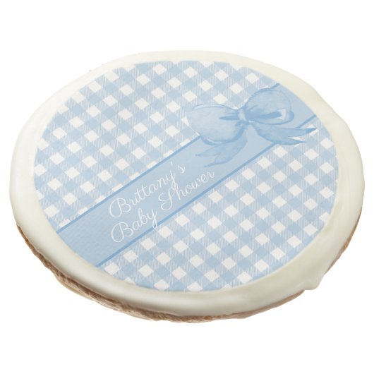 Blue Gingham with Bow Baby Shower Sugar Cookie (Angled)