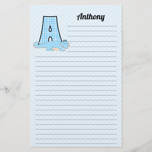 Blue Gingham with Letter A for Boys Stationery (Front)
