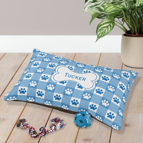 Blue Gingham with Paw Prints and Bone Pet Bed