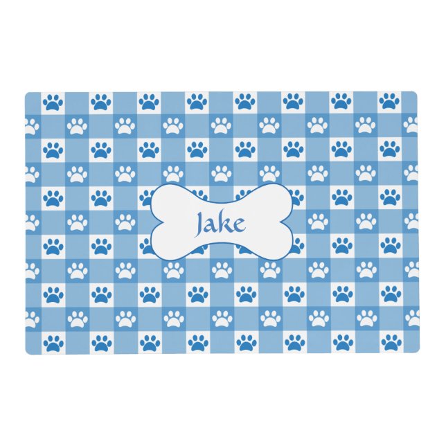 Blue Gingham with Paw Prints and Bone Pet Placemat (Front)