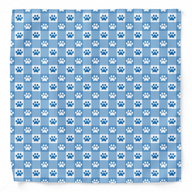 Blue Gingham with Paw Prints Bandana (Front)