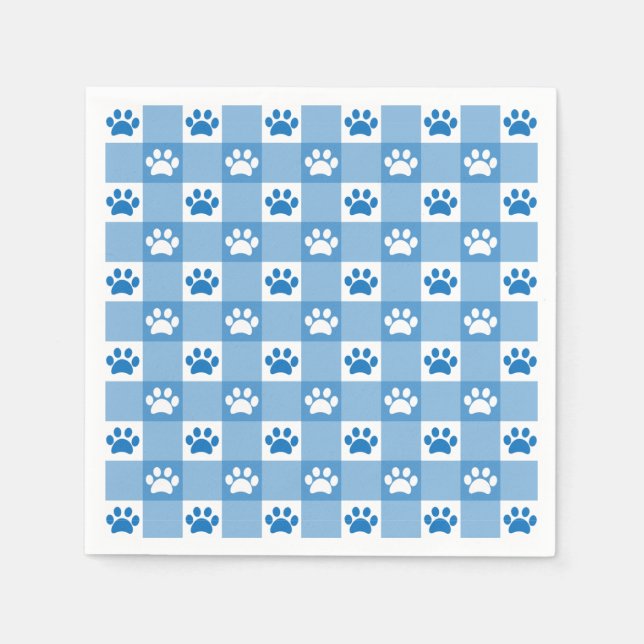 Blue Gingham with Paw Prints Picnic Party Napkins (Front)