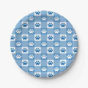 Blue Gingham with Paw Prints Picnic Party Paper Plates