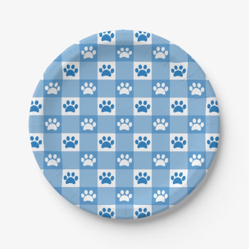 Blue Gingham with Paw Prints Picnic Party Paper Plates