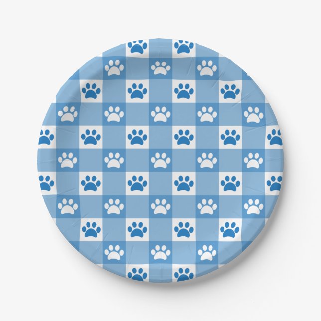 Blue Gingham with Paw Prints Picnic Party Paper Plates (Front)