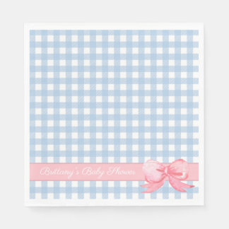 Blue Gingham with Pink Bow Baby Shower Napkins
