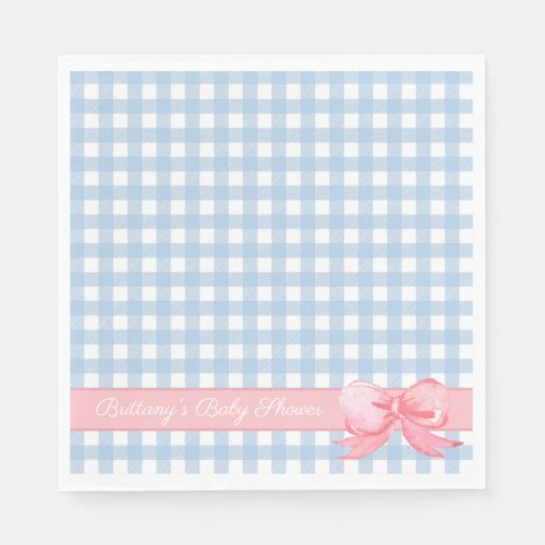Blue Gingham with Pink Bow Baby Shower Napkins