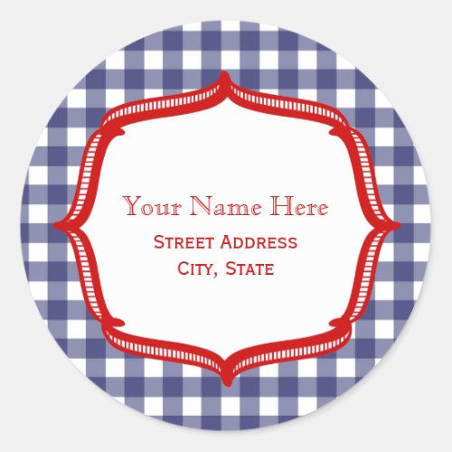 Blue Gingham With Red Address Sticker