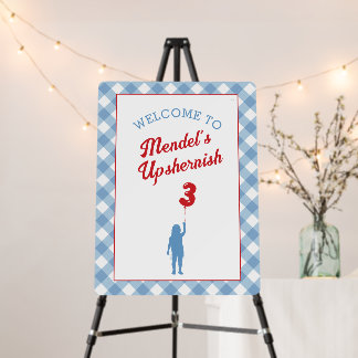 Blue Gingham with Red Balloon Upsherin Photo Invit Foam Board