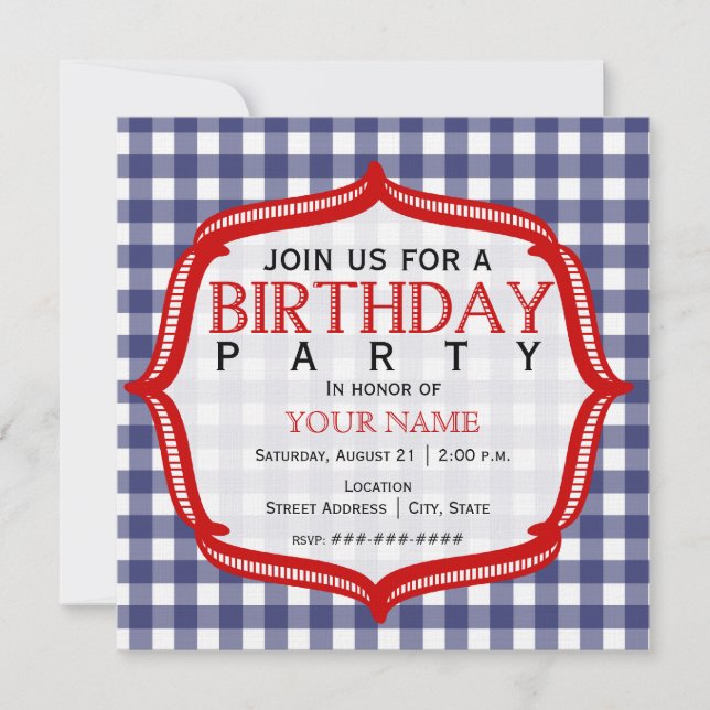 Blue Gingham With Red - Birthday Party Invitation (Front)