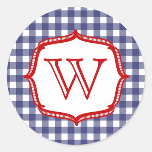 Blue Gingham With Red Monogram Sticker