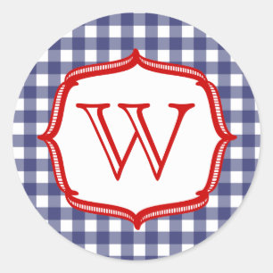 Blue Gingham With Red Monogram Sticker
