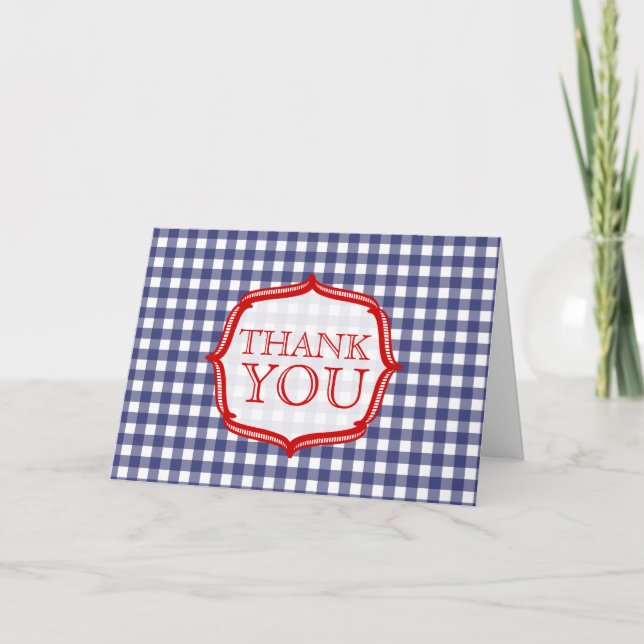 Blue Gingham With Red - Thank You Card (Front)