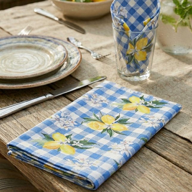 Blue Gingham with Scattered Yellow Lemons  Cloth Napkin (Creator Uploaded)