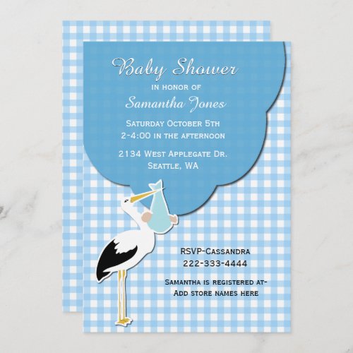 Blue Gingham with Stork Baby Shower Invitation
