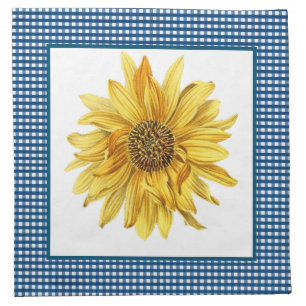 Blue Gingham with Sunflower Cloth Napkin
