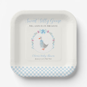 Blue Gingham Woodland Silly Goose Baby Shower Paper Plates