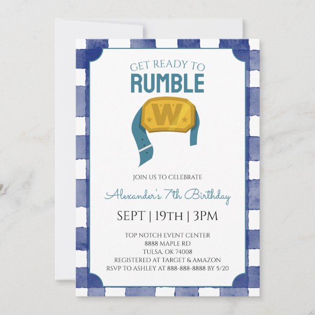 Blue Gingham Wrestling Birthday Party Invitation (Front)