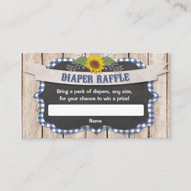 Blue gingham yellow sunflowers baby diaper raffle enclosure card (Front)