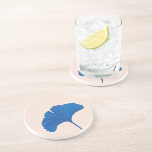 Blue Ginkgo Leaf Customizable Background Colors Coaster