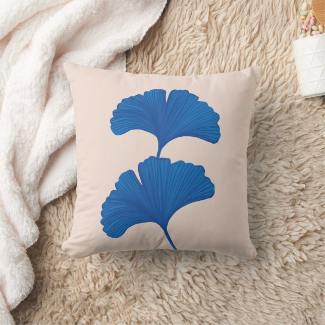 Blue Ginkgo Leaf  Customizable Background Colors  Throw Pillow (Blanket)