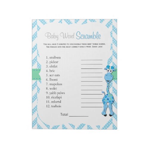 Blue Giraffe Baby Boy Shower Word Game Notepad