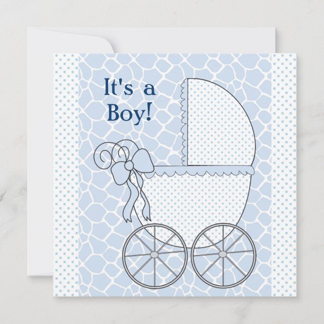 Blue Giraffe Baby Carriage Baby Boy Shower Invitation (Front)